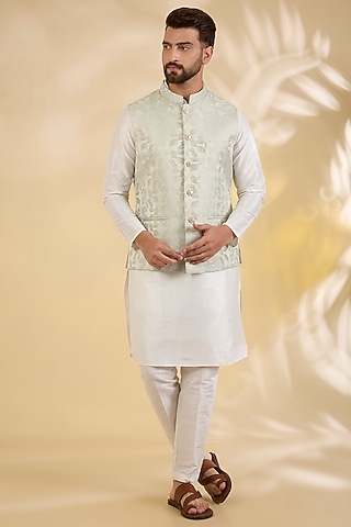 Sea Green Brocade Silk Floral Printed Bundi Jacket by RNG Safawala Men