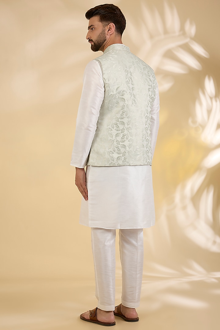 Sea Green Brocade Silk Floral Printed Bundi Jacket by RNG Safawala Men at Pernia's Pop Up Shop