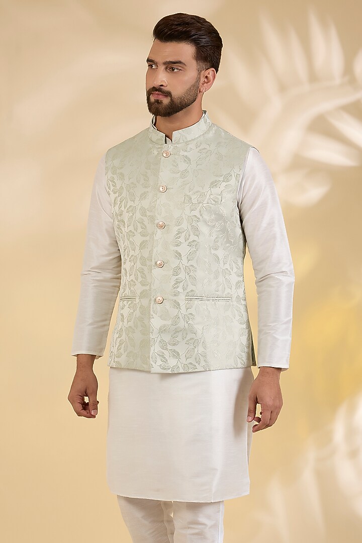 Sea Green Brocade Silk Floral Printed Bundi Jacket by RNG Safawala Men at Pernia's Pop Up Shop