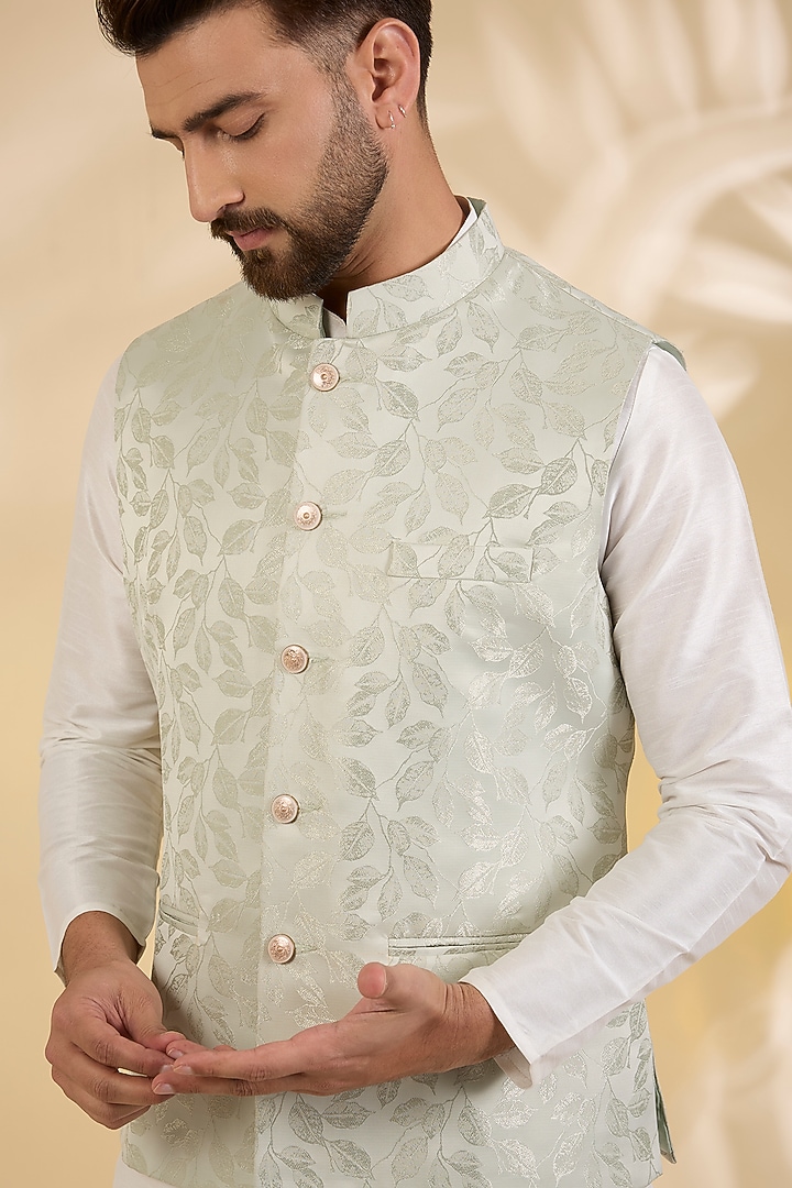 Sea Green Brocade Silk Floral Printed Bundi Jacket by RNG Safawala Men at Pernia's Pop Up Shop
