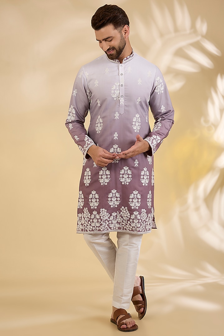 Mauve Ombre Silk Resham Embroidered Kurta Set by RNG Safawala Men at Pernia's Pop Up Shop