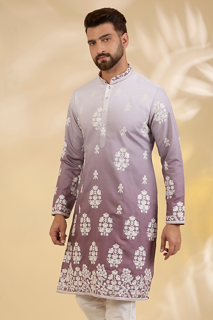 Mauve Ombre Silk Resham Embroidered Kurta Set by RNG Safawala Men at Pernia's Pop Up Shop