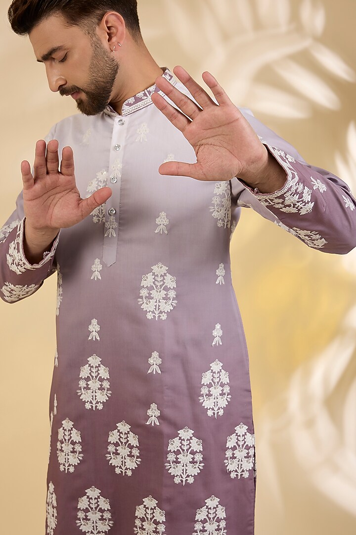 Mauve Ombre Silk Resham Embroidered Kurta Set by RNG Safawala Men at Pernia's Pop Up Shop