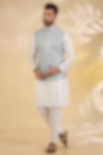 Light Blue Raw Silk Geometric Printed Bundi Jacket by RNG Safawala Men at Pernia's Pop Up Shop