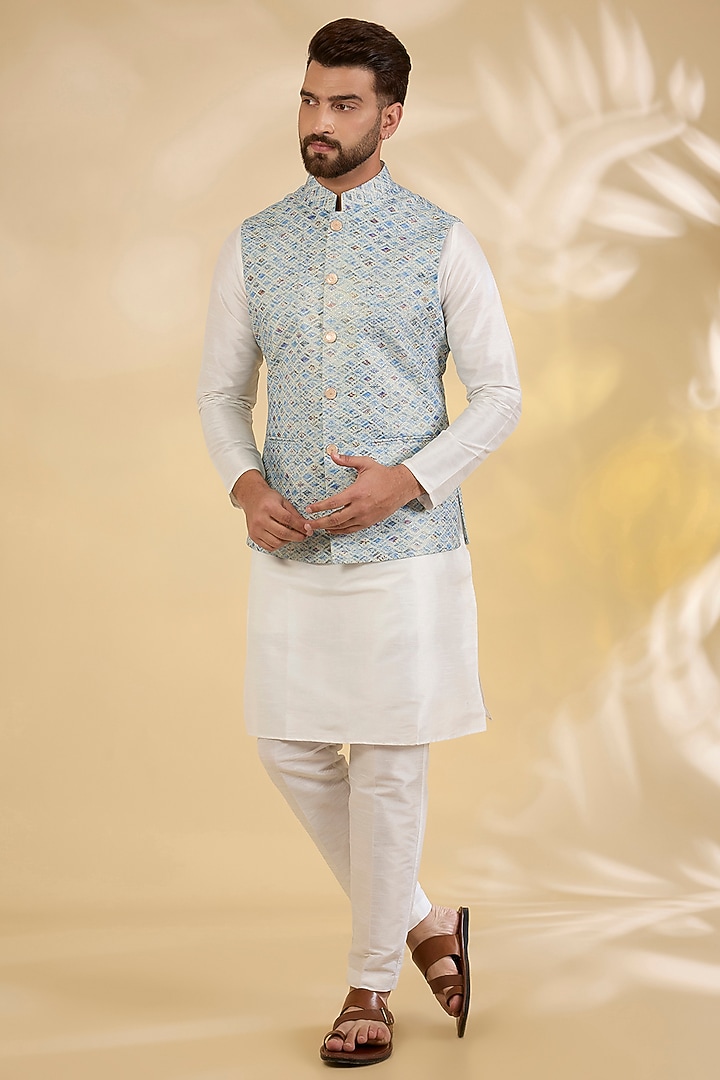 Light Blue Raw Silk Geometric Printed Bundi Jacket by RNG Safawala Men at Pernia's Pop Up Shop