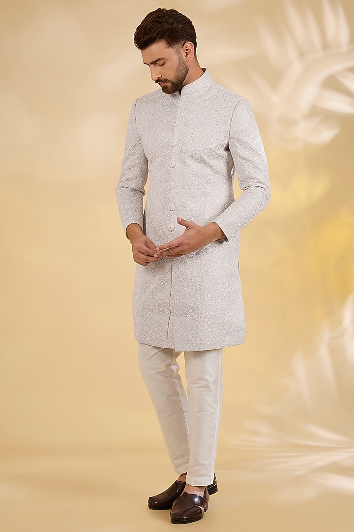 Mint Blue Raw Silk Resham Embroidered Achkan Set by RNG Safawala Men at Pernia's Pop Up Shop