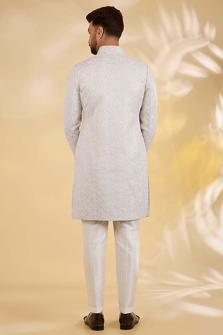 Mint Blue Raw Silk Resham Embroidered Achkan Set by RNG Safawala Men at Pernia's Pop Up Shop