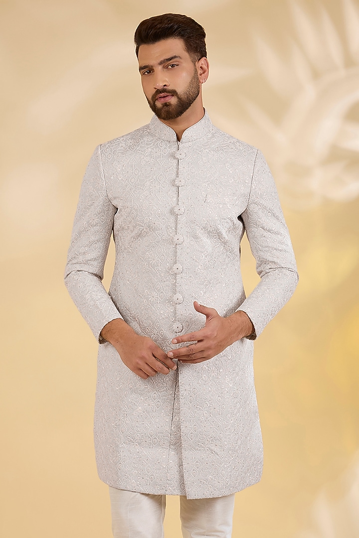 Mint Blue Raw Silk Resham Embroidered Achkan Set by RNG Safawala Men at Pernia's Pop Up Shop