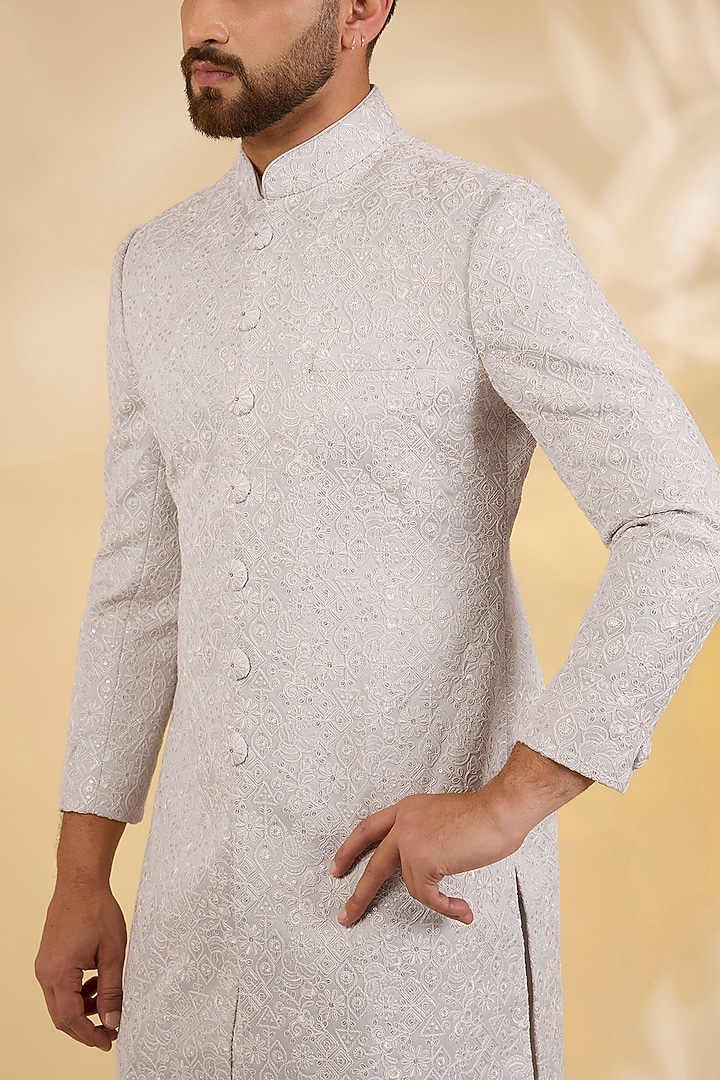 Mint Blue Raw Silk Resham Embroidered Achkan Set by RNG Safawala Men at Pernia's Pop Up Shop