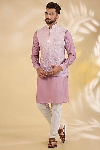 Pink Raw Silk Zari Embroidered Ombre Bundi Jacket Set by RNG Safawala Men