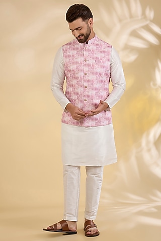 Pink Cotton Silk Dye Printed Bundi Jacket by RNG Safawala Men