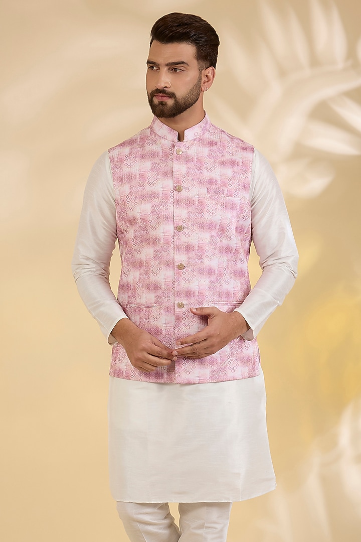 Pink Cotton Silk Dye Printed Bundi Jacket by RNG Safawala Men at Pernia's Pop Up Shop