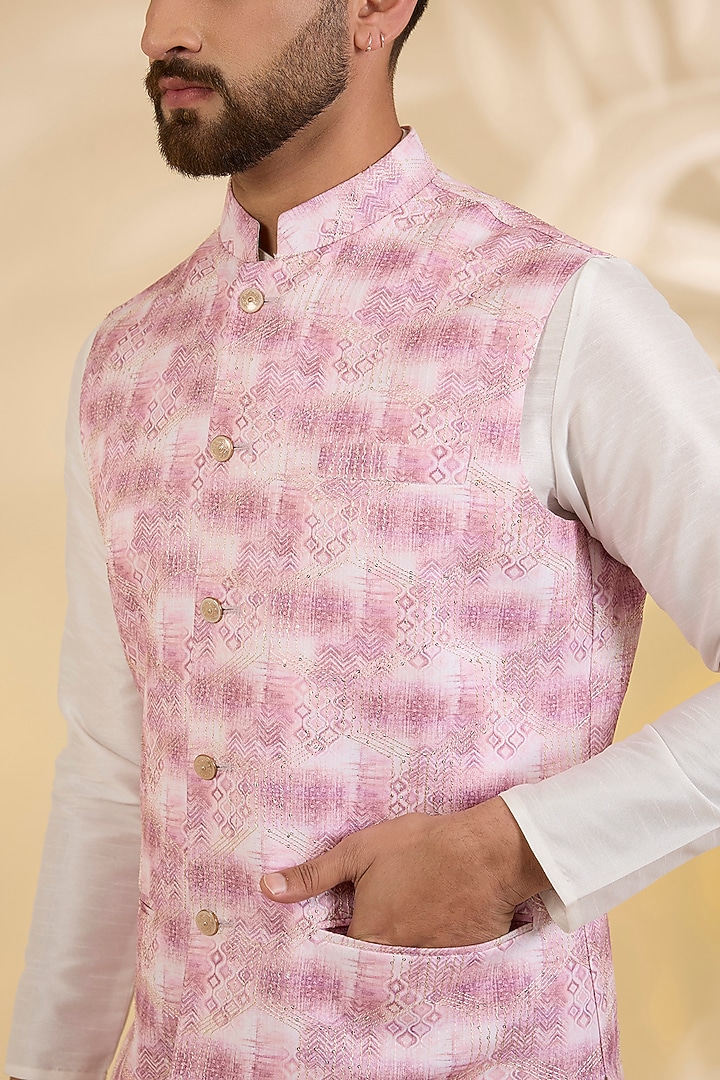 Pink Cotton Silk Dye Printed Bundi Jacket by RNG Safawala Men at Pernia's Pop Up Shop