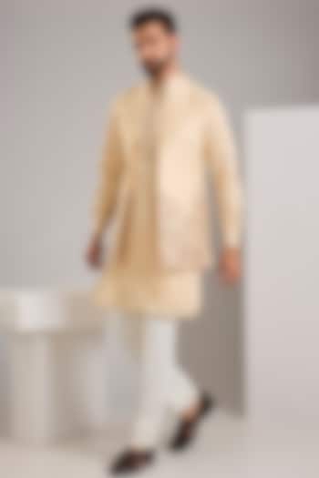 Beige Cotton Silk Resham Embroidered Long Jacket Set by RNG Safawala Men at Pernia's Pop Up Shop