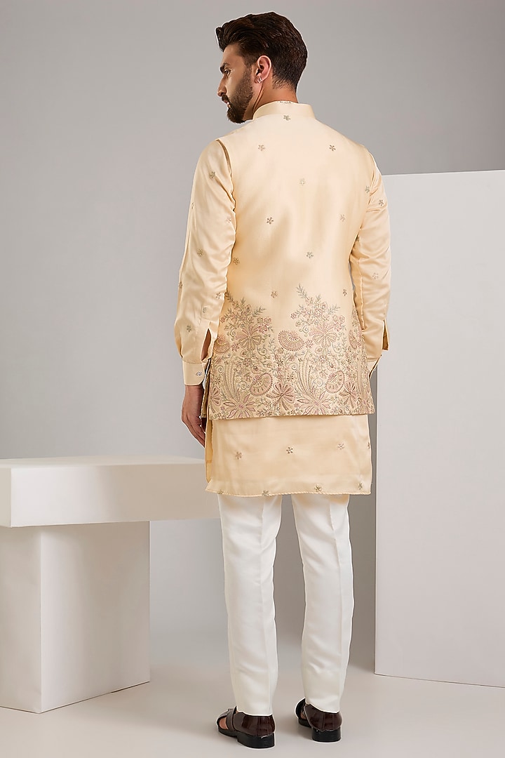Beige Cotton Silk Resham Embroidered Long Jacket Set by RNG Safawala Men at Pernia's Pop Up Shop