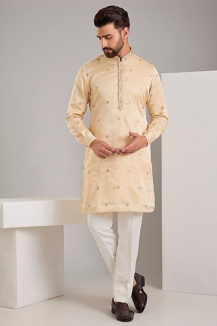 Beige Cotton Silk Resham Embroidered Long Jacket Set by RNG Safawala Men at Pernia's Pop Up Shop