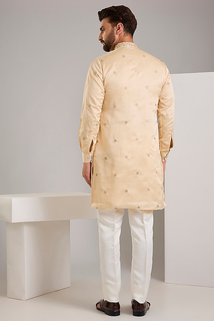 Beige Cotton Silk Resham Embroidered Long Jacket Set by RNG Safawala Men at Pernia's Pop Up Shop