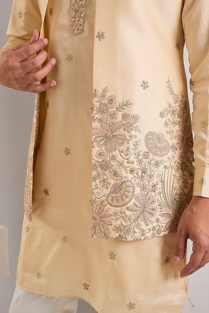 Beige Cotton Silk Resham Embroidered Long Jacket Set by RNG Safawala Men at Pernia's Pop Up Shop