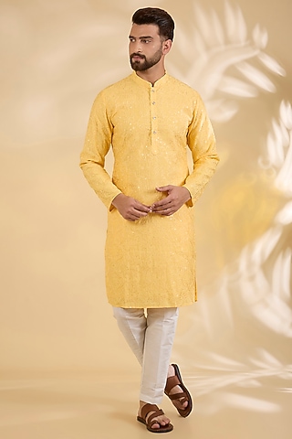 Yellow Cotton Silk Chikankari Embroidered Kurta Set by RNG Safawala Men