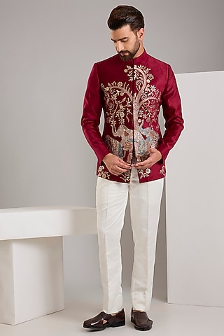 Maroon Suede Resham Embroidered Bandhgala Set by RNG Safawala Men