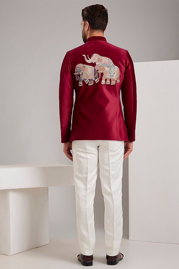 Maroon Suede Resham Embroidered Wedding Bandhgala Set by RNG Safawala Men at Pernia's Pop Up Shop