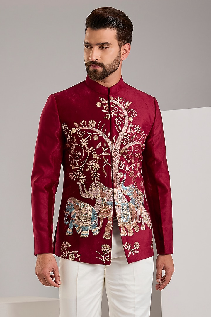 Maroon Suede Resham Embroidered Wedding Bandhgala Set by RNG Safawala Men at Pernia's Pop Up Shop