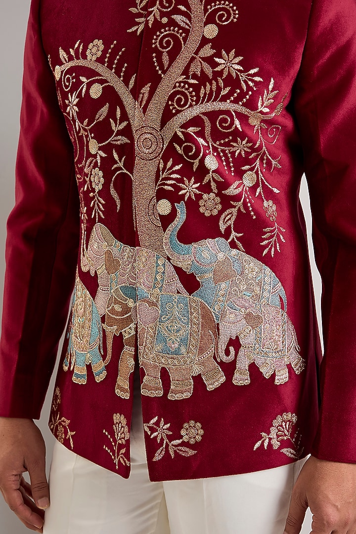 Maroon Suede Resham Embroidered Wedding Bandhgala Set by RNG Safawala Men at Pernia's Pop Up Shop