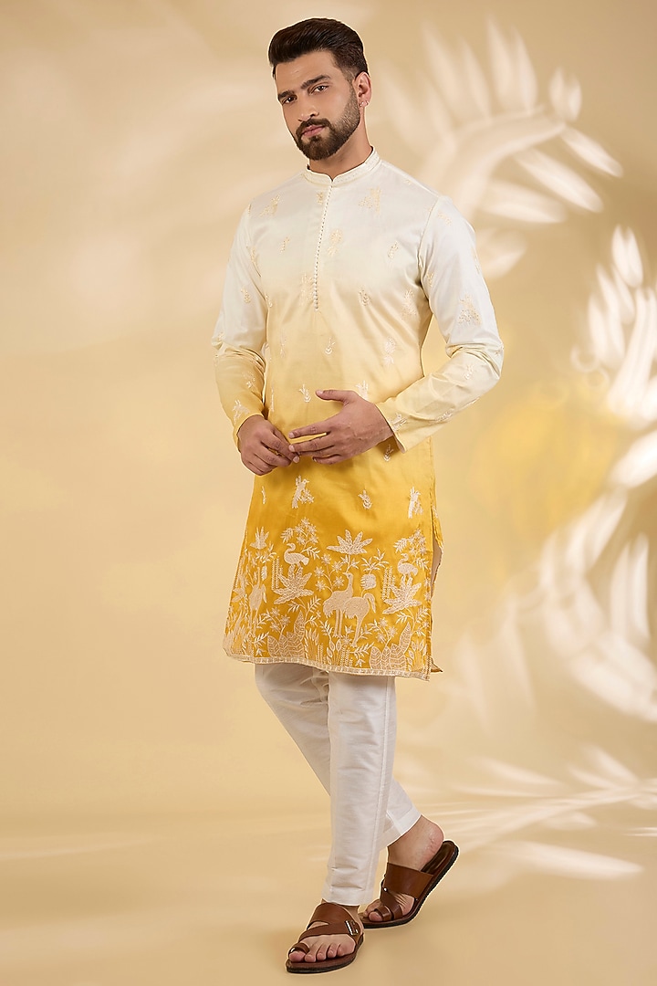 Yellow Ombre Silk Sequins Embroidered Kurta Set by RNG Safawala Men at Pernia's Pop Up Shop