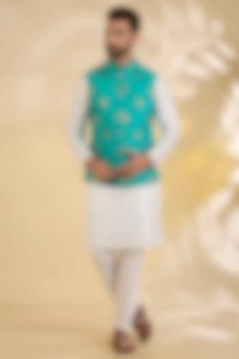 Teal Green Brocade Silk Motif Printed Bundi Jacket by RNG Safawala Men at Pernia's Pop Up Shop