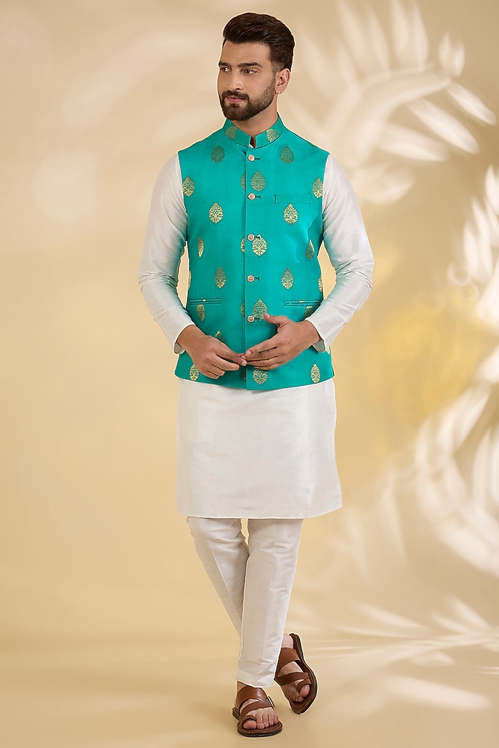Teal Green Brocade Silk Motif Printed Bundi Jacket by RNG Safawala Men at Pernia's Pop Up Shop