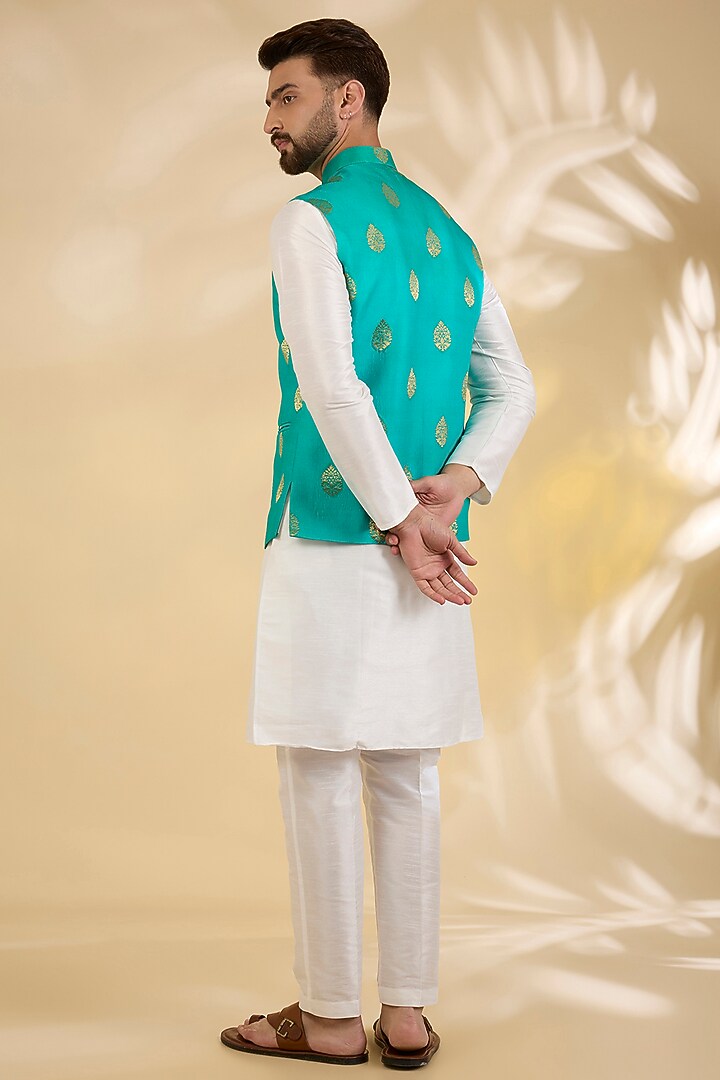 Teal Green Brocade Silk Motif Printed Bundi Jacket by RNG Safawala Men at Pernia's Pop Up Shop