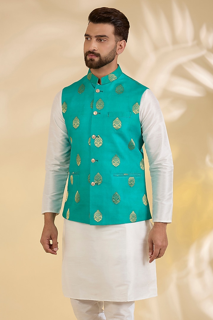 Teal Green Brocade Silk Motif Printed Bundi Jacket by RNG Safawala Men at Pernia's Pop Up Shop