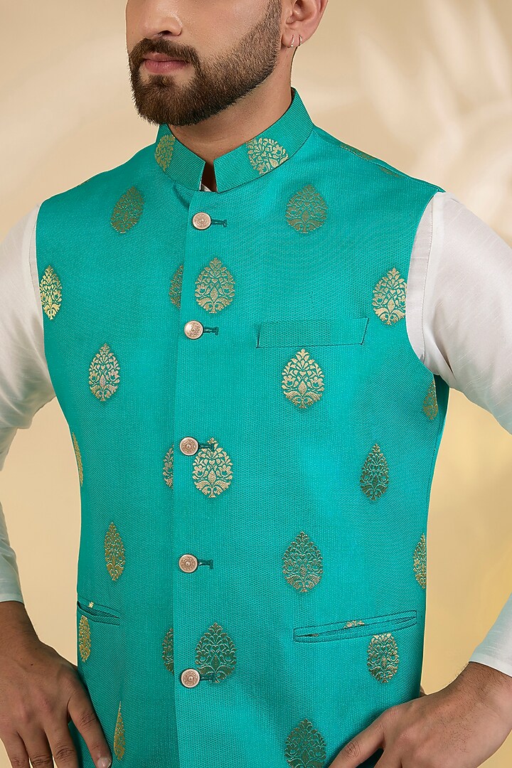 Teal Green Brocade Silk Motif Printed Bundi Jacket by RNG Safawala Men at Pernia's Pop Up Shop