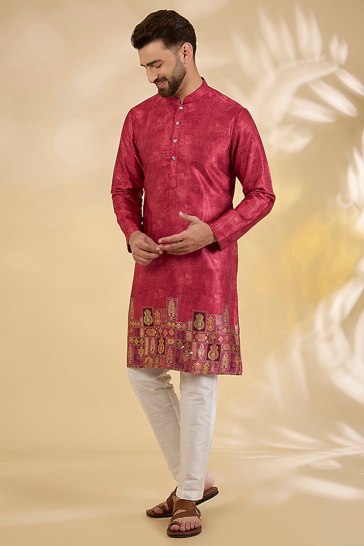 Red Cotton Silk Printed Kurta Set by RNG Safawala Men at Pernia's Pop Up Shop