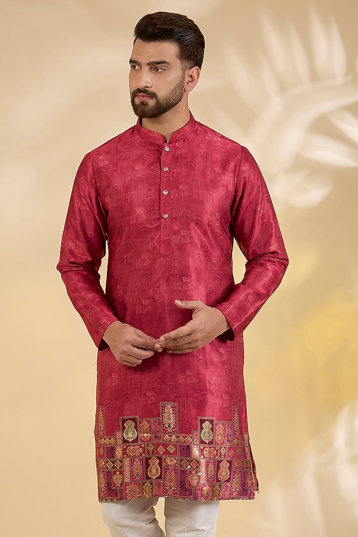 Red Cotton Silk Printed Kurta Set by RNG Safawala Men at Pernia's Pop Up Shop
