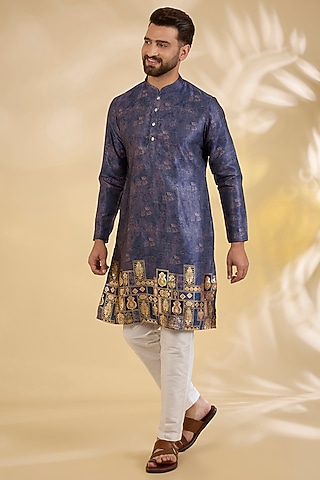 Purple Cotton Silk Printed Kurta Set by RNG Safawala Men
