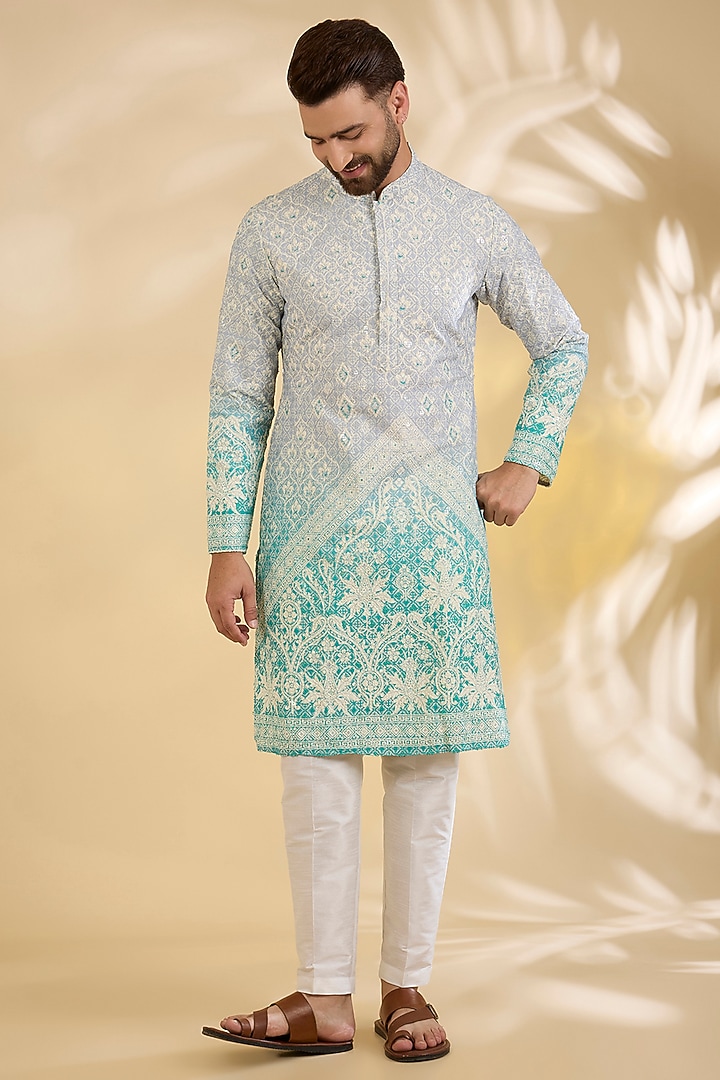 Blue Cotton Silk Chikankari Embroidered Kurta Set by RNG Safawala Men at Pernia's Pop Up Shop