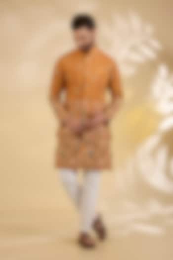 Orange Cotton Silk Thread Embroidered Bundi Jacket Set by RNG Safawala Men at Pernia's Pop Up Shop