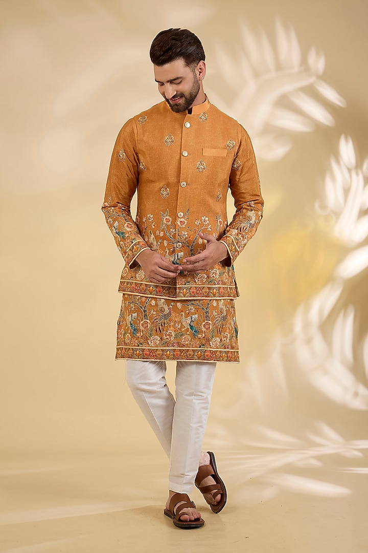 Orange Cotton Silk Thread Embroidered Bundi Jacket Set by RNG Safawala Men at Pernia's Pop Up Shop