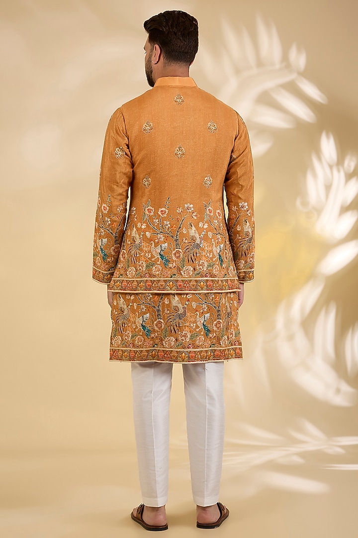 Orange Cotton Silk Thread Embroidered Bundi Jacket Set by RNG Safawala Men at Pernia's Pop Up Shop