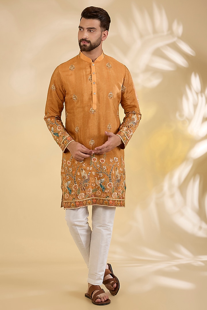 Orange Cotton Silk Thread Embroidered Bundi Jacket Set by RNG Safawala Men at Pernia's Pop Up Shop
