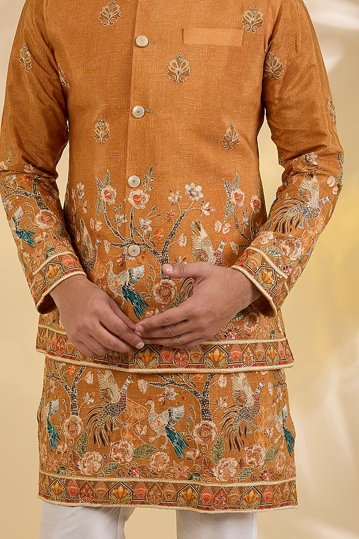 Orange Cotton Silk Thread Embroidered Bundi Jacket Set by RNG Safawala Men at Pernia's Pop Up Shop