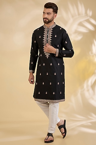 Black Cotton Silk Sequins Embroidered Kurta Set by RNG Safawala Men