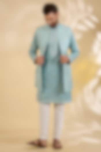 Sea Blue Raw Silk Thread Embroidered Wedding Indowestern Set by RNG Safawala Men at Pernia's Pop Up Shop