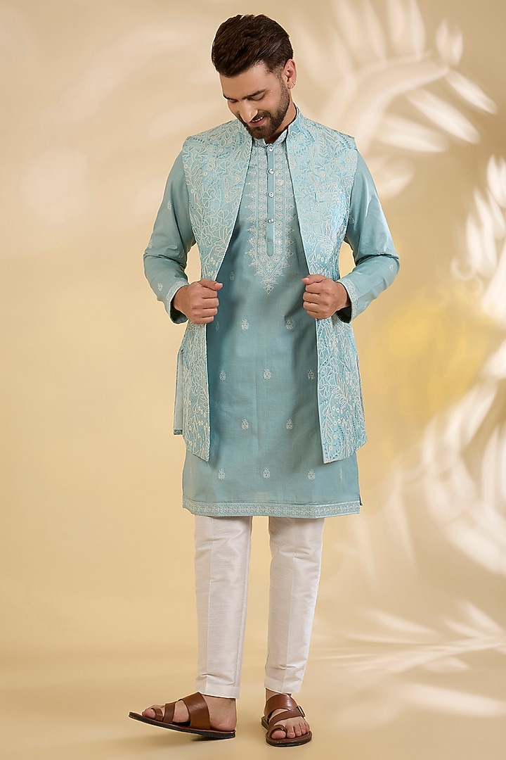 Sea Blue Raw Silk Thread Embroidered Wedding Indowestern Set by RNG Safawala Men at Pernia's Pop Up Shop