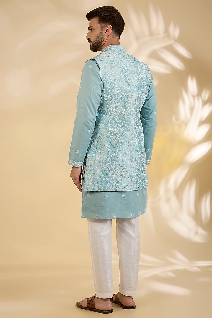 Sea Blue Raw Silk Thread Embroidered Wedding Indowestern Set by RNG Safawala Men at Pernia's Pop Up Shop