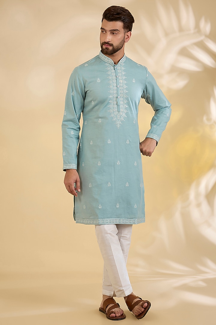 Sea Blue Raw Silk Thread Embroidered Wedding Indowestern Set by RNG Safawala Men at Pernia's Pop Up Shop