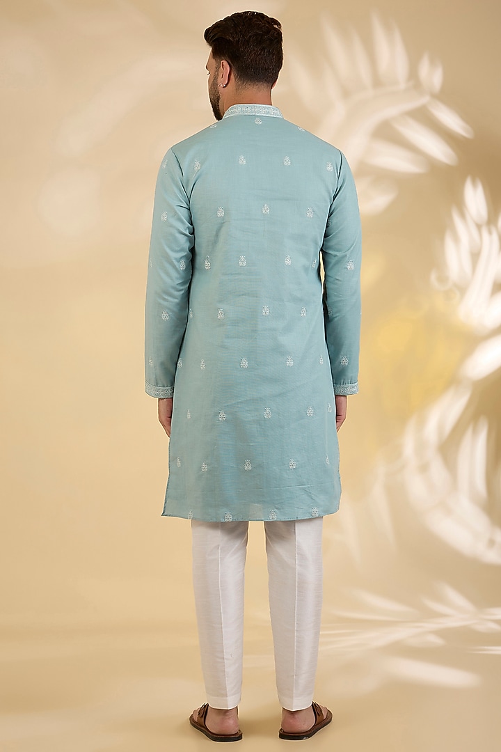 Sea Blue Raw Silk Thread Embroidered Wedding Indowestern Set by RNG Safawala Men at Pernia's Pop Up Shop