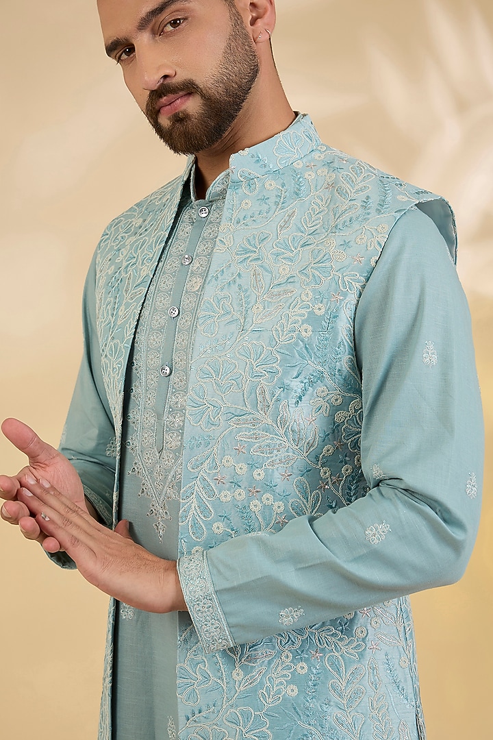 Sea Blue Raw Silk Thread Embroidered Wedding Indowestern Set by RNG Safawala Men at Pernia's Pop Up Shop