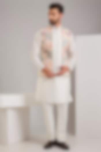 Off-White Dupion Silk Resham Embroidered Jacket Set by RNG Safawala Men at Pernia's Pop Up Shop